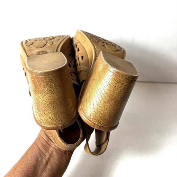 Sofft Tan Leather Block Heeled Cutout Sandals Womens Sz 9 M Sling Back Peep Toe - Picture 8 of 11